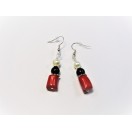 Natural Red Bamboo Coral with Onyx and Freshwater Pearl Earrings